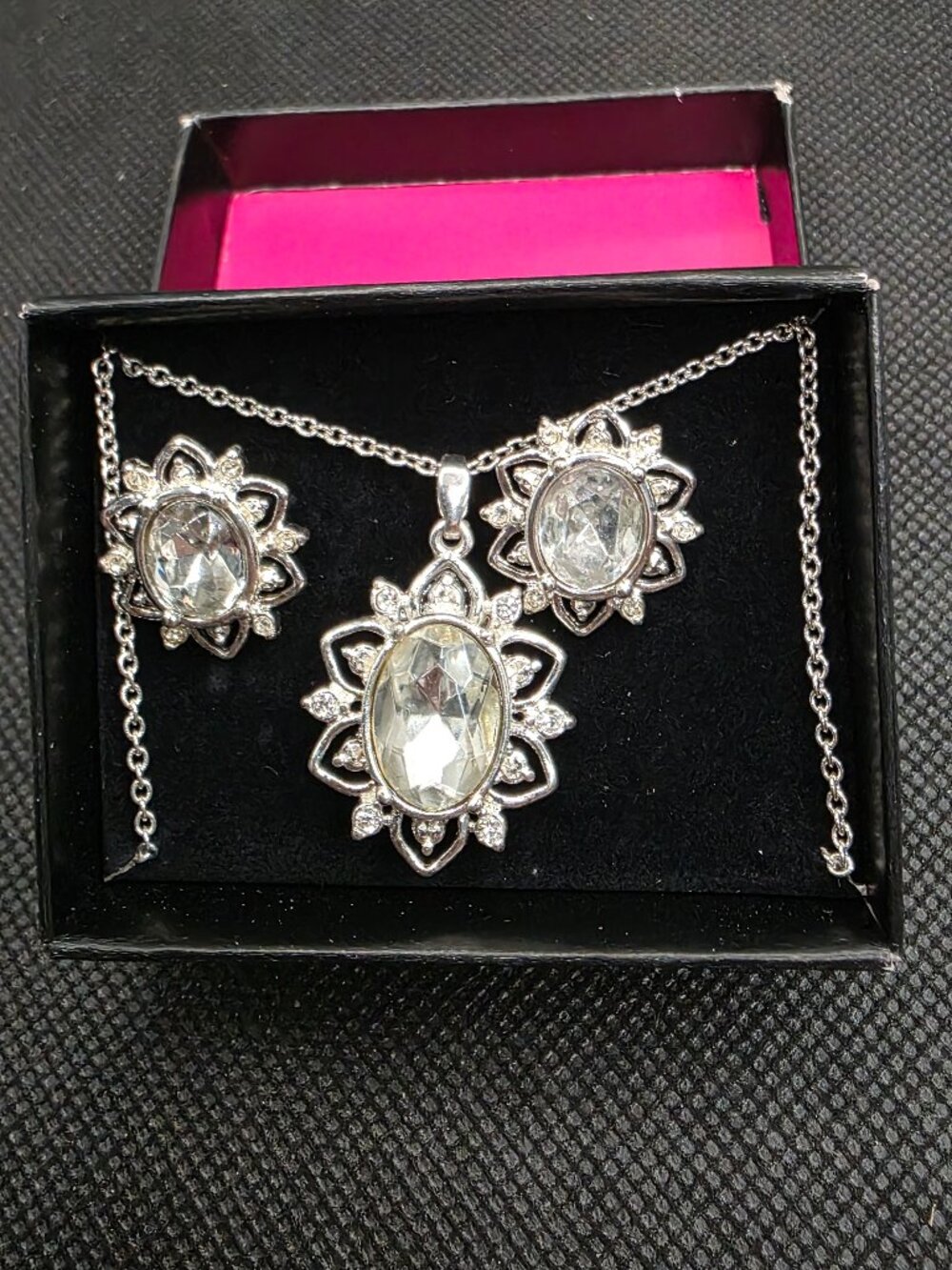 Avon Silver-Tone Crystal Necklace and Earring Set